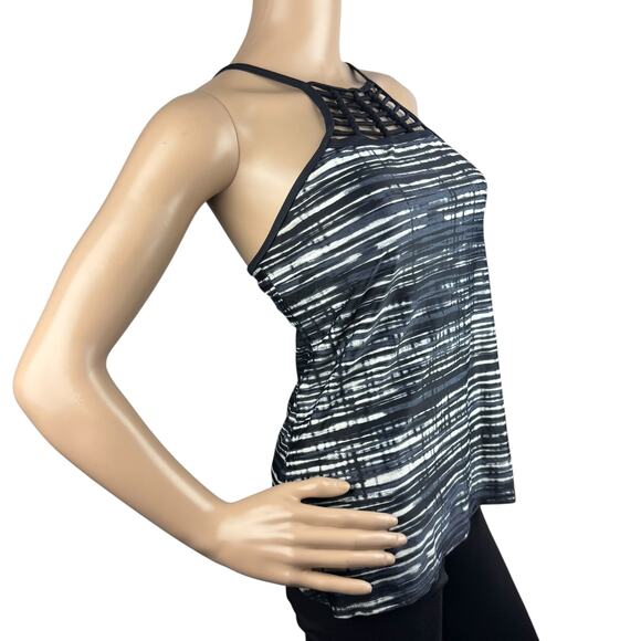 Free Country Black Striped Built-in Bra Spaghetti Strap Tankini Swim Top Size S - Picture 4 of 5